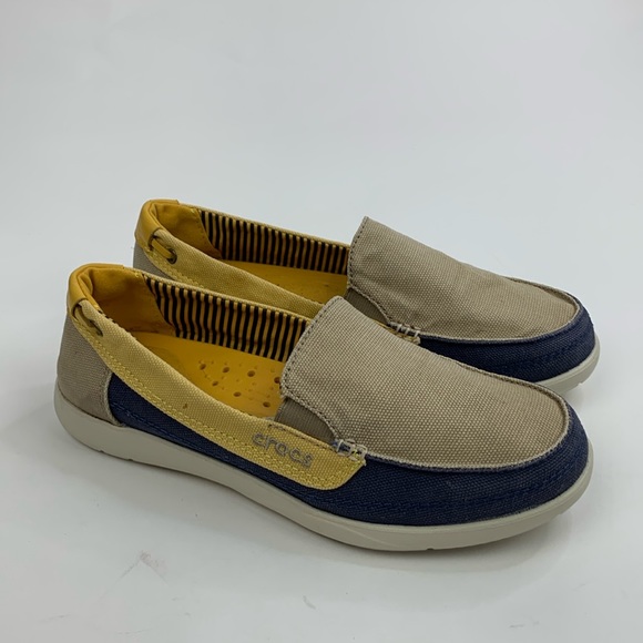 CROCS Shoes - Crocs Slip on canvas shoe Size 7 Tan yellow blue Loafer Style